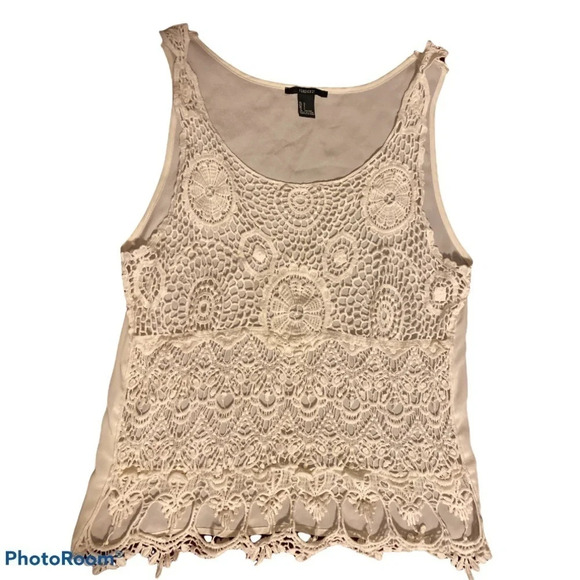 Forever 21 white Boho lace front sleeve less top blouse Sz L - Picture 1 of 10